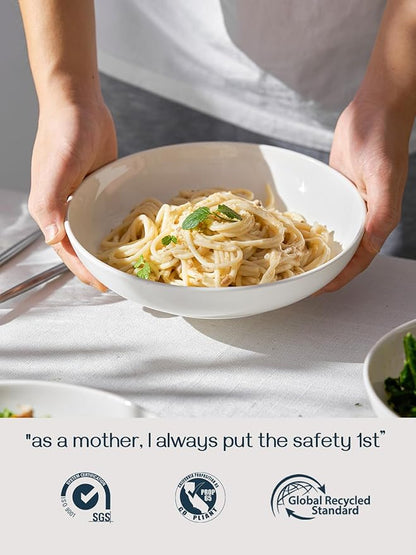 DOWAN 8.5" Pasta Bowls Set of 4, 30oz White Ceramic Shallow Dinner Bowls for Salad, Soup & Pasta, Stackable and Easy to Clean, Ideal for Everyday Use & Housewarming Gift(Soft White)