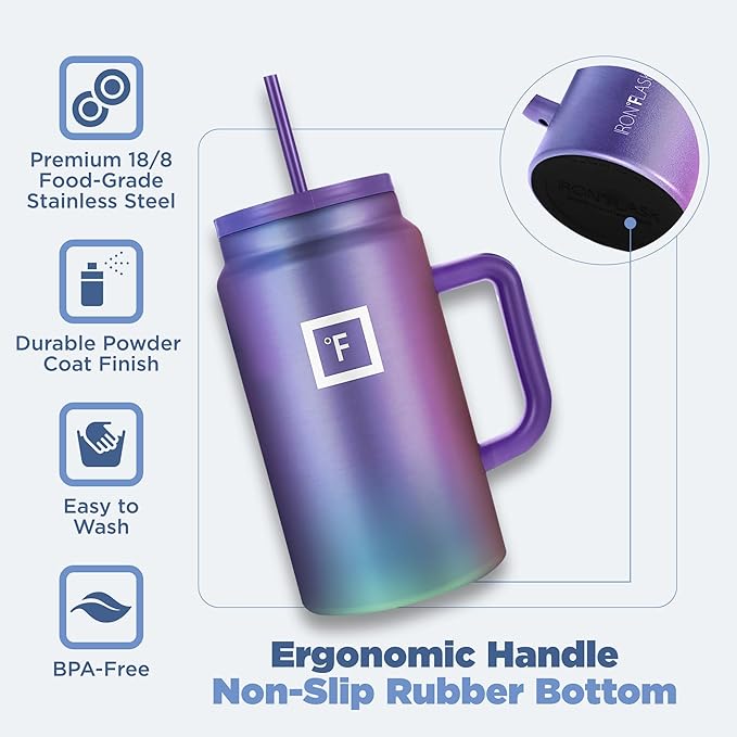 IRON °FLASK Co-Pilot Insulated Mug w/Straw & Flip Cap Lids - Cup Holder Bottle for Hot, Cold Drink - Leak-Proof - Water, Coffee Portable Travel Mug - Aurora, 50 Oz