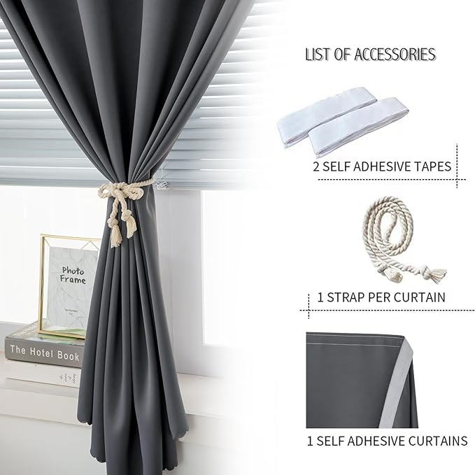 Blackout Curtains with Self Adhesive Tape No Rod No Drill Easy Install Window - Image 2