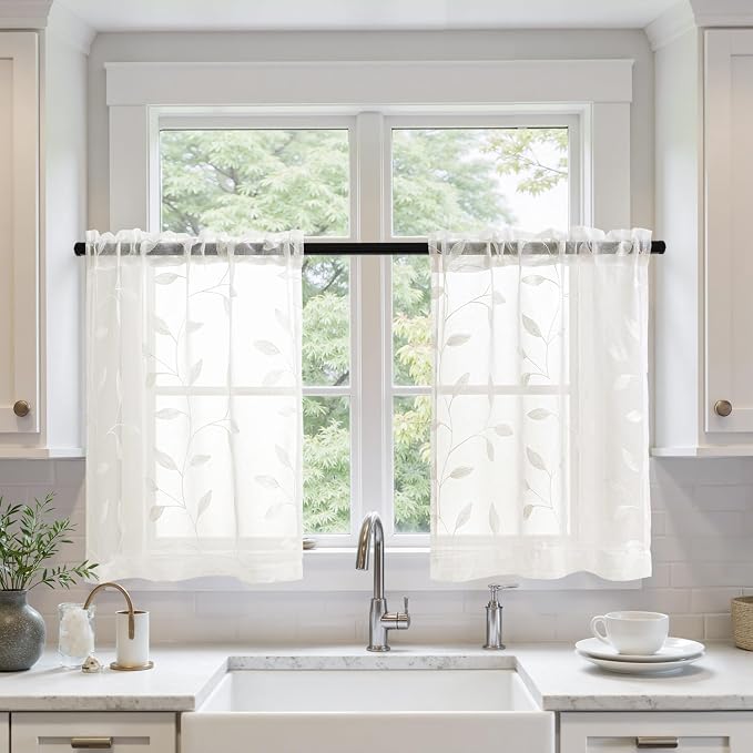 MIULEE Ivory Sheer Kitchen Curtains 30x36 Inches Length 2 Panels Embroidered by MIULEE