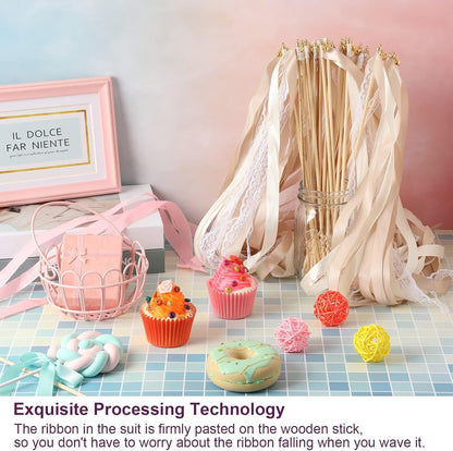 Sumind 40 Pieces Ribbon Wedding Streamers with Bells, Lace Fairy Wand Stick Party Ribbon Streamers Chromatic Silk Streamers for Party, Birthday and Holiday (Champagne)