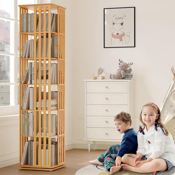 YOWOS Rotating Bookshelf Tower, 360° Display Spinning Bookcase, Bamboo - Image 9