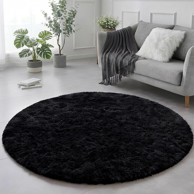 Amdrebio Black Shag Round Circle Rug 5Ft by Amdrebio