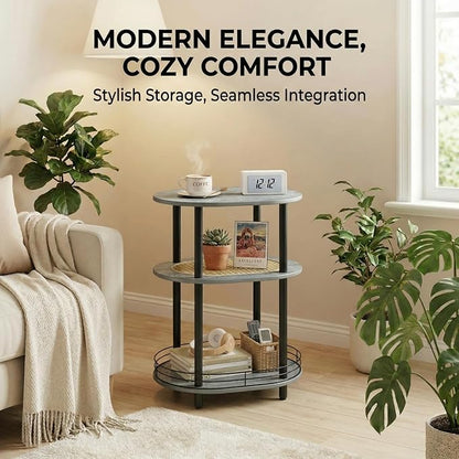 3 Tier Round Side Table with Storage, Oval End Table with Rattan Shelf & Metal - Image 7
