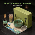 Matcha Whisk Set, Ceramic Matcha Set Includes Matcha Bowl, Whisk & Holder, Scoop, Sifter, Spoon, Scoop Rest, Tea Mat, Hand Book - 9 Pcs Kit for Matcha Lovers (Green)