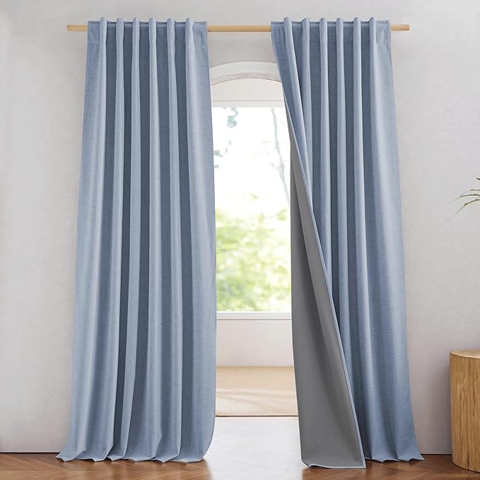 NICETOWN 100% Blackout Stone Blue Linen Curtains 90 inches Length by NICETOWN