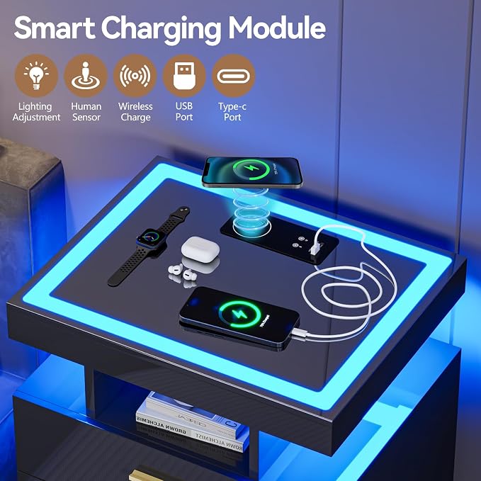 Black Night Stand Set 2 with Wireless Charging Station, Smart Bedside Table - Image 4