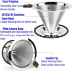 Reusable Paperless Coffee Filter V60,Coffee Dripper,Professional Stainless Steel Drip Cone Brew Coffee Strainer,Double Micro Mesh Filter,Coffee Filter Mug,Silicone Handle & Non-Slip Silicone Base (M)