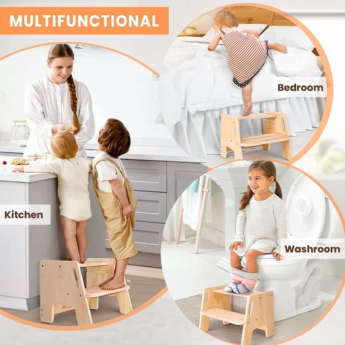 Toddler Step Stool, Wooden Height-Adjustable 2-Step Stool - Image 6