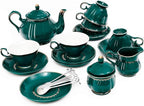 CHENP.HMC Tea Set 22-Piece Porcelain Ceramic Coffee Tea Sets Cups Saucer Service for 6 Teapot Sugar Bowl Creamer Pitcher and Teaspoons Porcelain Tea Set(Dark Green)