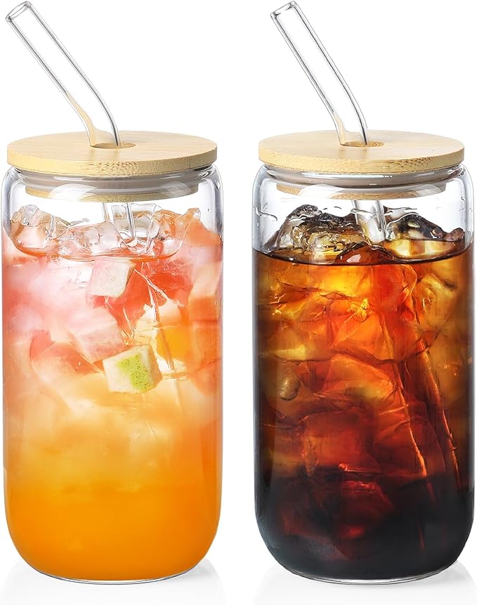 NETANY 2 Pack Glass Cups with Bamboo Lids and Straws 16 oz, Gifts for Women, Drinking glasses set, Iced Coffee, Tea Cup, Cute Aesthetics Tumbler Cup, Mothers Day, Birthday Gifts for Her Mom