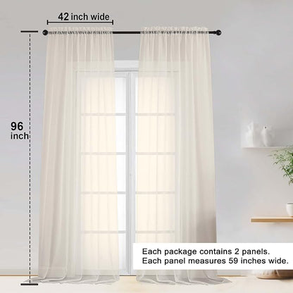 Cream Sheer Curtain 96 Inch Long 2 Panels Set, Light Filtering Clear Rod Pocket - Image 2