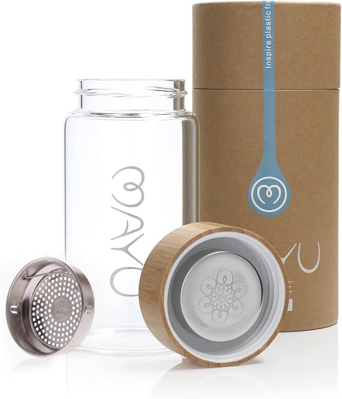 mayu Travel Water Bottle with Bamboo Lid - Borosilicate Glass Eco Friendly BPA Free | Adult and Kids Bottles with Cap - Leak Free Design - Non Toxic Reusable Hydration for Everyday Use | 0.5L, 17OZ