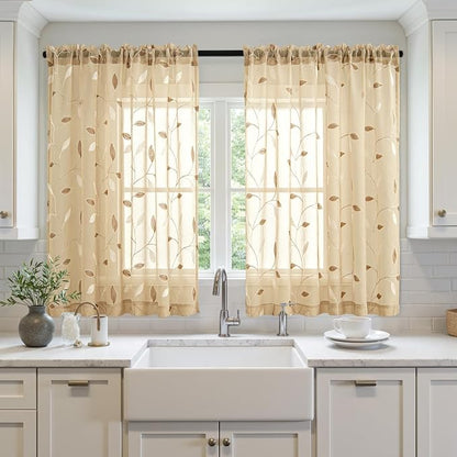 MIULEE Khaki Sheer Curtains 2 Panels Embroidered Leaf Patterned, W52 x L45 | - Image 2