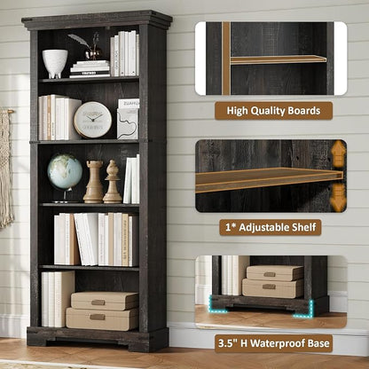 5-Tier Farmhouse Bookshelf, 61.1 inch Tall Bookcase - Image 4