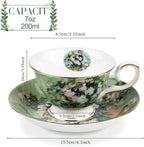Floral Tea Cups Saucers Set of 2, Van Gogh Paintings Bone China 7 oz British Teacups Porcelain Tea Cups Coffee for Rose Teacups Cappuccino Espresso Latte (White Roses & Flowers Vase)