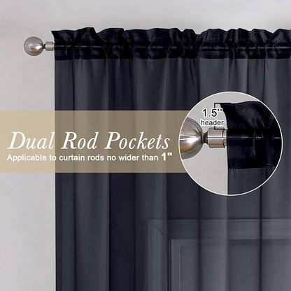 Black Sheer Curtain Panels 72 Inch Length, Light Filtering Window Curtain - Image 3