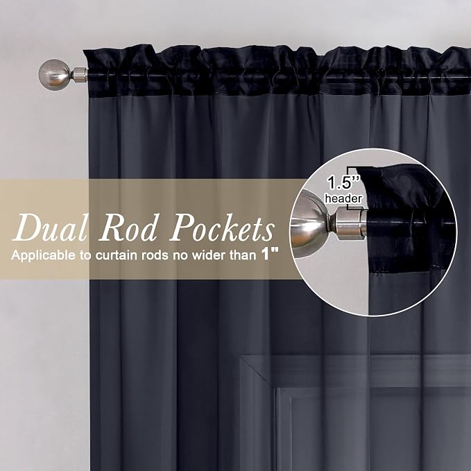 Black Sheer Valance for Windows 14 Inch Length 2 Pieces, Light Reducing Voile - Image 2