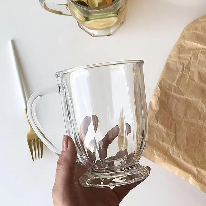 Glass Coffee Mugs Set of 4, 16 OZ Large Clear Glass Beer Cups with Handle,Striped Mug for Hot Beverages,Tea, Cappuccino, Latte, Espresso, Juice Mothers