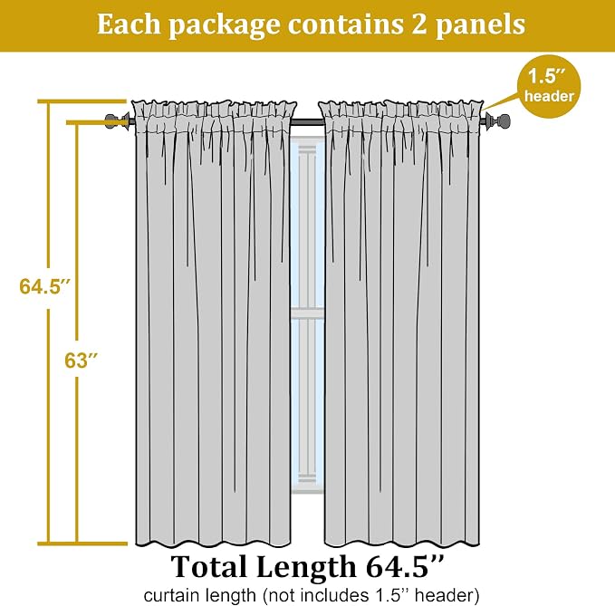 Sheer Lemon Curtains for Bedroom Living Room 63 Inch Length 2 Panels Set - Image 2