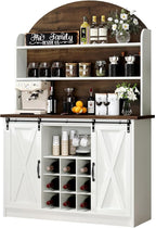4 EVER WINNER Farmhouse Coffee Bar with 3-Tier Storage, 67” Coffee Bar Cabinet with Sliding Barn Doors, Hutch Cabinet with Storage & 9 Wine Racks, White