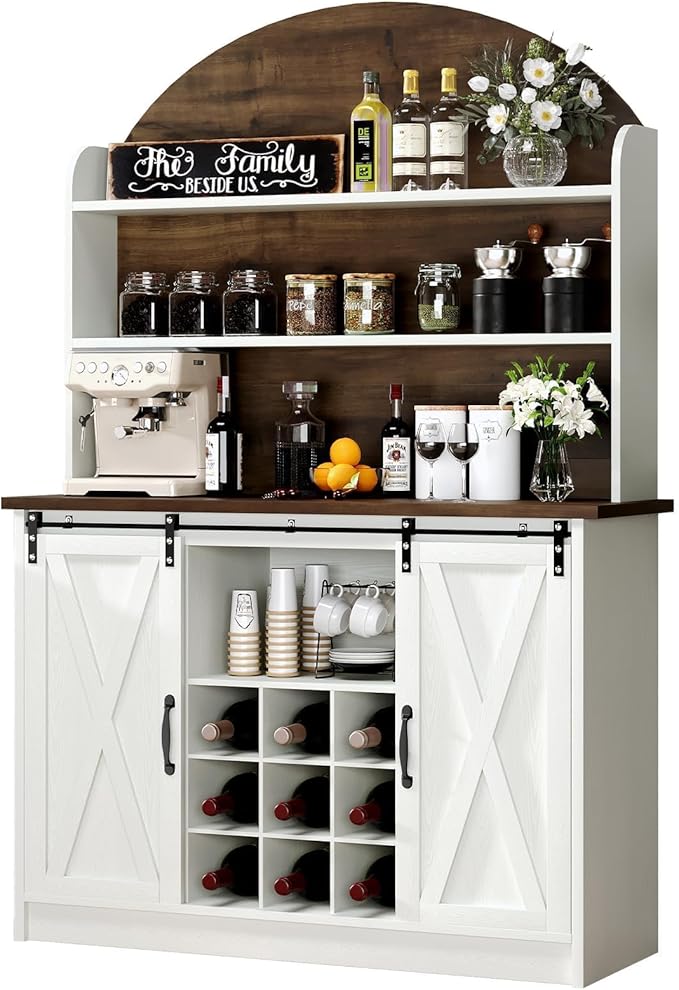 4 EVER WINNER Farmhouse Coffee Bar with 3-Tier Storage, 67” Coffee Bar Cabinet with Sliding Barn Doors, Hutch Cabinet with Storage & 9 Wine Racks, White