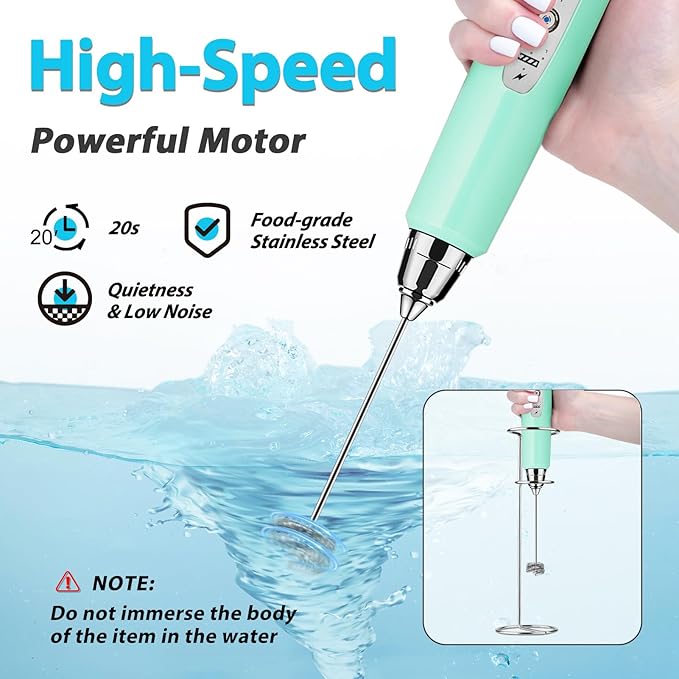 Milk Frother with Stand Rechargeable- Handheld Coffee Frother with 3 Stainless Whisks 3 Speed Adjustable, Electric Whisk Drink Mixer, Foam Maker Blender for Matcha Latte Cappuccino Chocolate