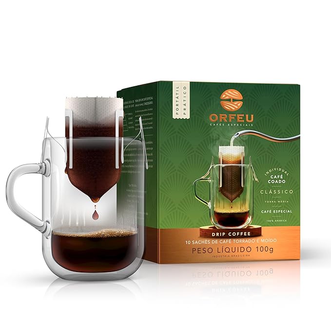 ORFEU - Special Coffee Classic Drip Sachet - 100% Arabica Coffee, Medium Roasted, Aroma of Floral, Fruity & Caramel, Balanced Acidity, Made In Brazil, Soft with Velvety Structure - 10 units, 100g
