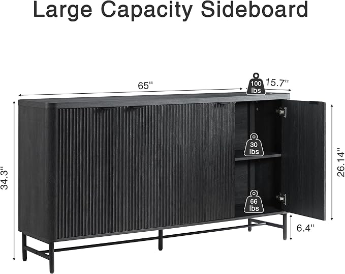 Fatmok 65" Buffet Cabinet with Storage, Fluted Credenza Sideboard with 4 Doors - Image 2