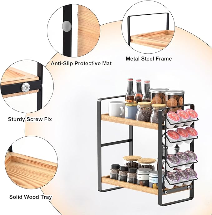 LEMIKKLE Coffee Station Organizer for Counter,Condiment Storage Caddy for Kitchen,2 Tier Wooden Shelf for Coffee Bar Accessories,Coffee Bar Organizer for Kitchen, Home, Office-Brown
