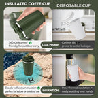 Volhoply 12 oz Double Wall Insulated Vacuum Travel Coffee Mug with Flip Lid,Reusable Stainless Steel Leak Proof Coffee Cup,Portable Cafe Thermal Tumbler Suitable for Hot&Cold Drinks(Army Green,1 Set)