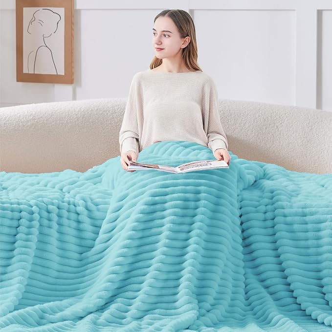 BEDELITE Striped Fleece Throw Blanket, Sky Blue, Soft Cozy, Lightweight Warm - Image 4