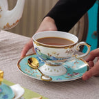 ACMLIFE Bone China Tea Cup and Saucer Set - Bone China Tea Coffee Cup and Saucer Set for 1 Luxury Fine China Tea Cup Set for One Blue Vintage Teacups and Saucers for Women Tea Party or Gift Giving