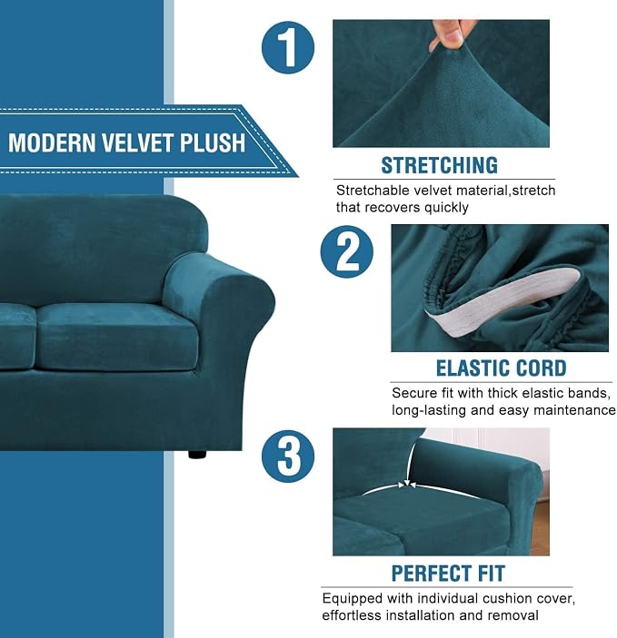 H.VERSAILTEX High Stretch Sofa Slipcover 4 Piece Cover Velvet Furniture - Image 3