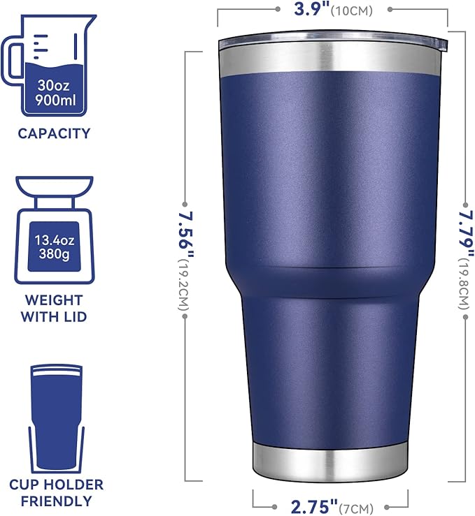 DOMICARE 30 oz Tumbler with Lid and Straw, Stainless Steel Tumblers Bulk, Insulated Vacuum Double Wall Travel Coffee Mug, Durable Powder Coated Tumbler Cup (Navy, 1)