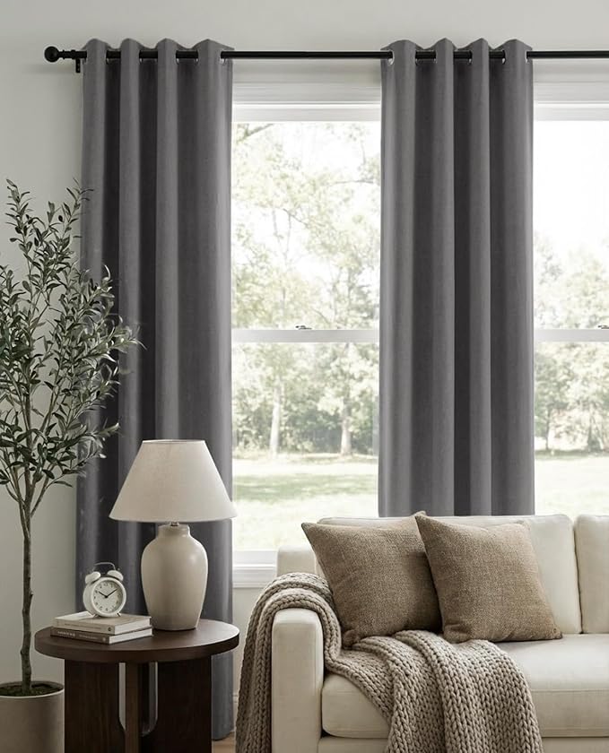 100% Blackout Linen Textured Curtains 90 Inch Long, Dark Gray | 100% Blackout - Image 2