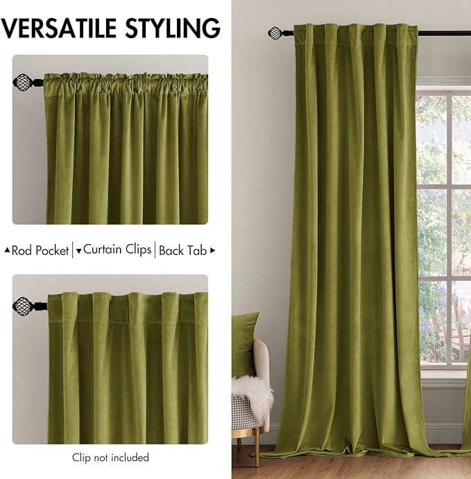 MIULEE Velvet Curtains 52x90 inches 2 Panels Moss Green Blackout Curtains | - Image 2