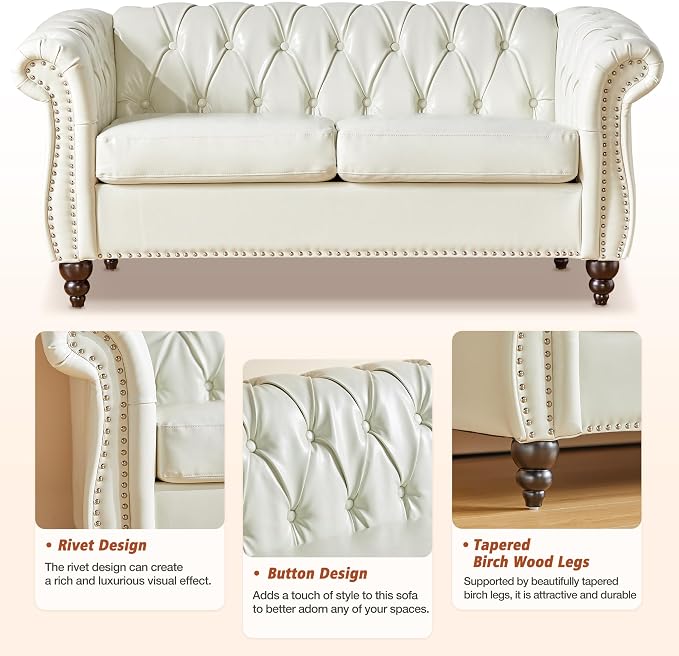 Chesterfield Loveseat Sofa, Modern Leather Small Sofa Couch 2 Seater - Image 4