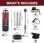 Lexlion 22 Oz Fruit Infuser Water Bottle - Triple Walled Insulated Stainless Steel, Thermal Leaf Infuser, Silicone Sleeve, 3 Leakproof Lids, Metal Mug Gallon