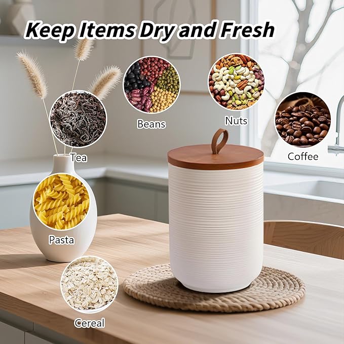 Food Storage Jar Strong Ceramic Storage Canisters with Airtight Wooden Lid,Kitchen Storage Containers for Serving Coffee Beans, Tea, Sugar, Salt, Spices (Little white)