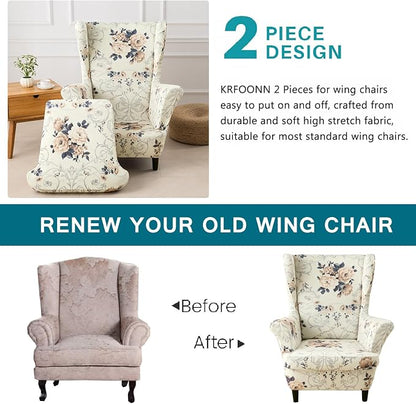 KRFOONN Velvet Wing Chair Slipcovers 2 Piece Stretch Printed Wingback Chair - Image 4