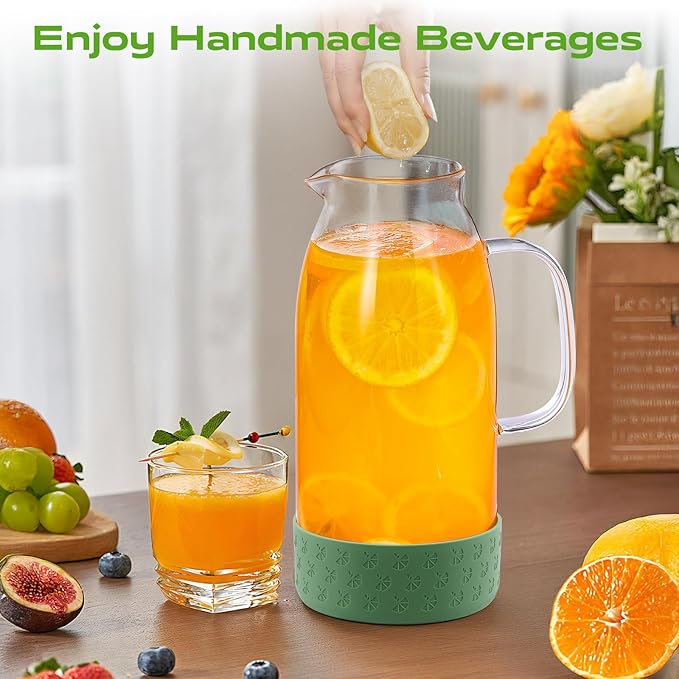 Glass Pitcher with Lid, ZBUFAN 68oz/2 Liter Glass Water Pitcher with Handle and Lid, Anti-Slip Base Juice Jug for Ice Tea, Sun Tea, Sangria, Lemonade Fridge Pitchers for Drinks Green