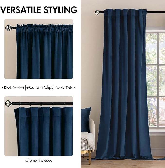 MIULEE Navy Blue Velvet Curtains 52x84 inches Luxury Blackout Curtains | - Image 2