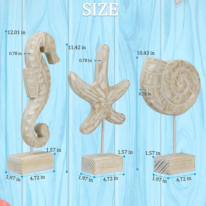 3pcs Wood Handmade Beach Nautical Style Figurines Starfish/Conch/Seahorse - Image 2