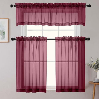 Burgundy Valances for Windows, Burgundy Sheer Curtains 14 Inch Length 2 Pack - Image 2