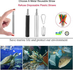 2 Pack Reusable Metal Straws Collapsible Stainless Steel Drinking Straw Travel Portable Telescopic Straw with Case,2 Cleaning Brushes Included Black/Silver