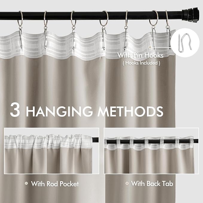 MIULEE Natural Back Tab Blackout Curtains 52x96 Inch Long 2 Panels Set | Rod - Image 3
