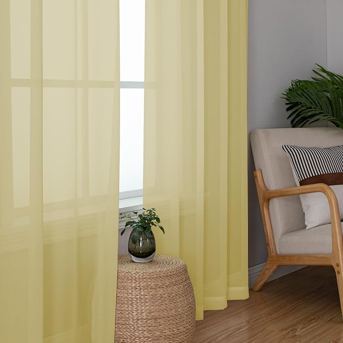 Chyhomenyc Sheer Mustard Yellow Curtains 90 inches Long 2 Panels, Light - Image 3