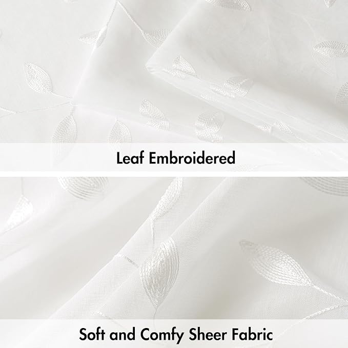 MIULEE Ivory Sheer Curtains 2 Panels Embroidered Leaf Patterned, W52 x L45 | - Image 4