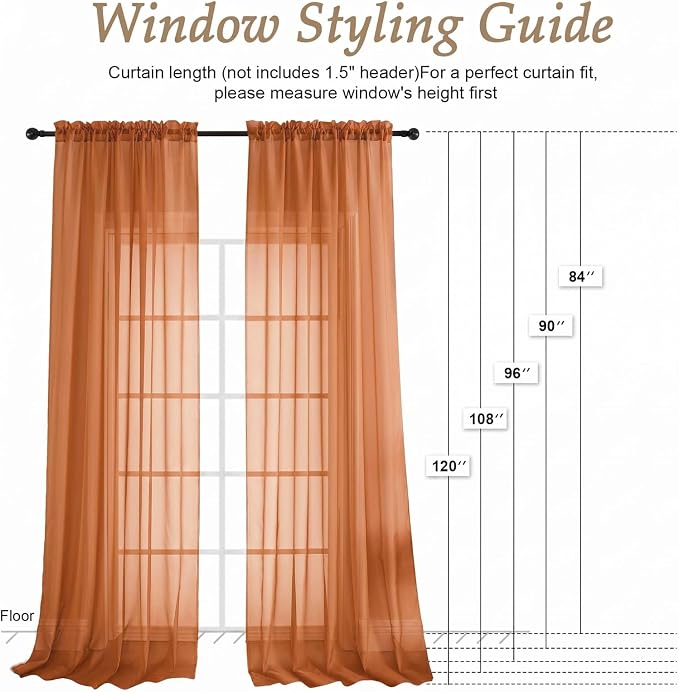 Orange Sheer Curtains 84 Inches Long 2 Panels Set, Light Filtering Sheer - Image 2